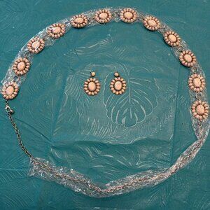 White Turquoise Western Concho 32"-46" Adj Chain Belt & Pair Dangling Earrings